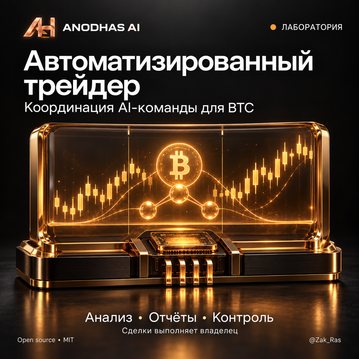 Автоматизированный трейдер. Координация AI-команды для BTC. Янтарный стеклянный терминал; сделки выполняет владелец.